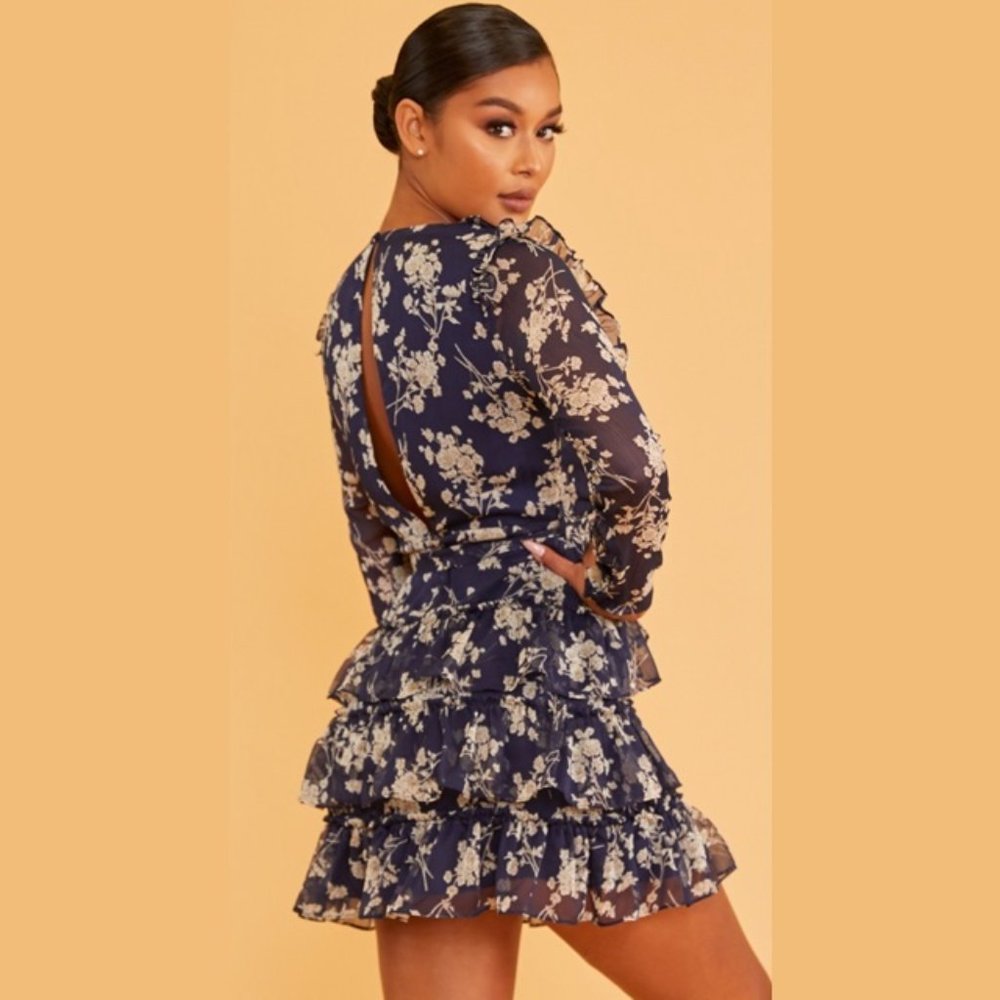 Navy Floral Ruffle Mini Dress - Picture 2 of 2